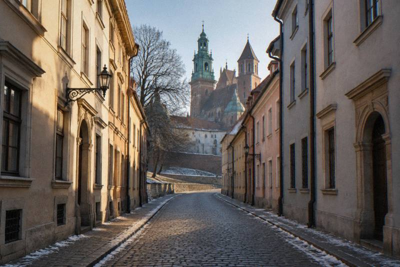 Crisp late-winter afternoon on the narrow cobbled Kanonicza Street in Krakow, Poland, a row of tall plain Renaissance houses on both sides curving gently uphill toward the dome and towers of Wawel Hill at the end, low sun on one side of the street and blue shadow on the other, a thin dusting of old snow in the gutters, nobody in frame.