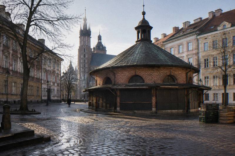Mañana tranquila de principios de primavera en Plac Nowy, en Kazimierz, Cracovia, Polonia: la pequeña rotonda del mercado en el centro de una plaza abierta, rodeada de fachadas de edificios de alquiler gastados, adoquines mojados que se secan bajo un sol débil, algunos cajones vacíos apilados, una figura diminuta a lo lejos, sin carteles visibles.