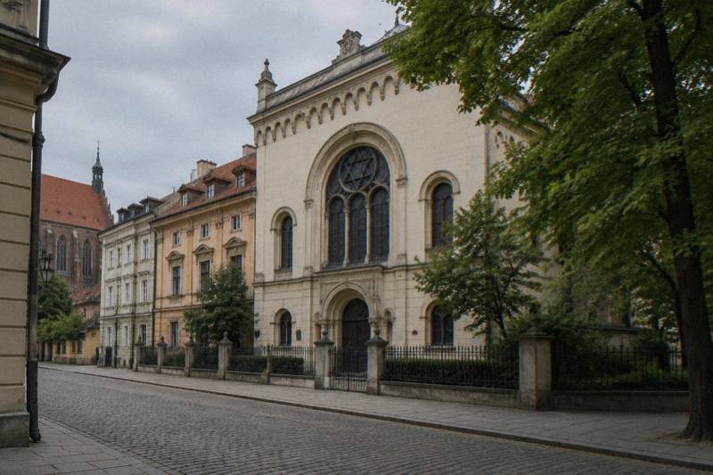 Luz gris y plana en un día templado de verano frente a la sinagoga neorromántica Tempel, en la calle Miodowa de Kazimierz, Cracovia, Polonia: una amplia fachada color crema con una gran ventana de arco y una cornisa decorativa, vista desde el otro lado de la calle, con árboles verdes frondosos en el borde del encuadre, sin nadie en la imagen.