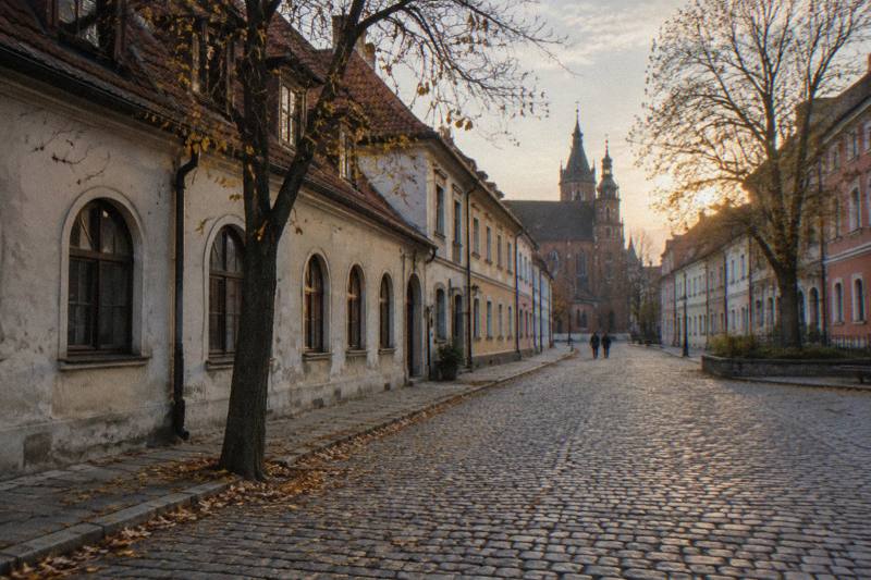 Late afternoon in autumn on the wide cobbled Szeroka Street in Kazimierz, Krakow, Poland, a long open space lined with low plastered houses with arched windows and a few bare-branched trees, fallen leaves on the stones, soft low sun, two tiny distant figures walking away.