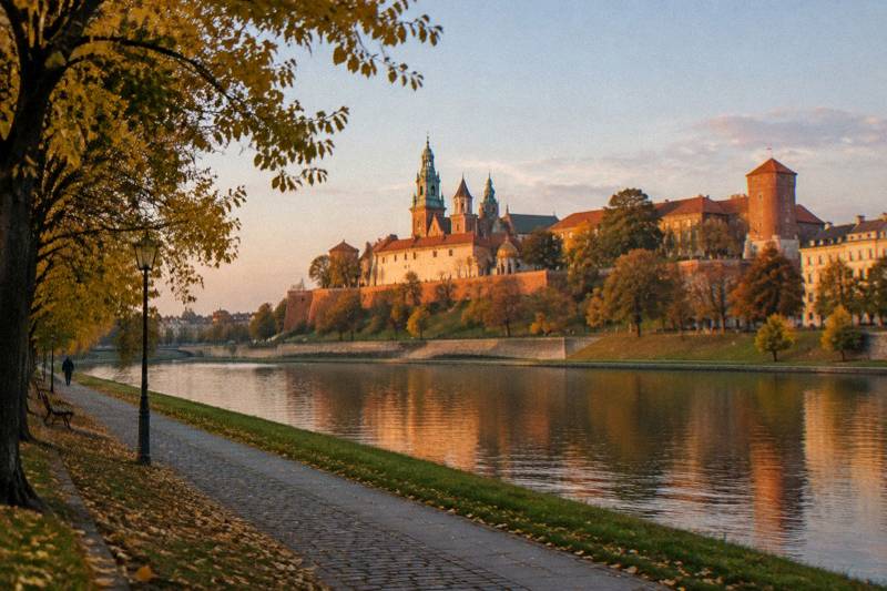 Golden hour on an autumn afternoon looking across the Vistula river in Krakow, Poland, Wawel Hill rising on the far bank with the castle walls, cathedral domes and towers lit orange, a wide river promenade with yellowing trees in the foreground, still water, one tiny distant walker.