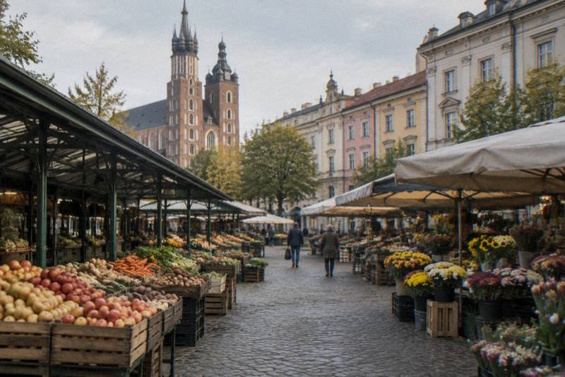 Busy but unhurried late morning at the Stary Kleparz covered market and its open-air stalls in Krakow, Poland, crates of apples, root vegetables and cut flowers under plain awnings, wide shot with soft focus on the far stalls, a couple of shoppers seen only from behind and far away.