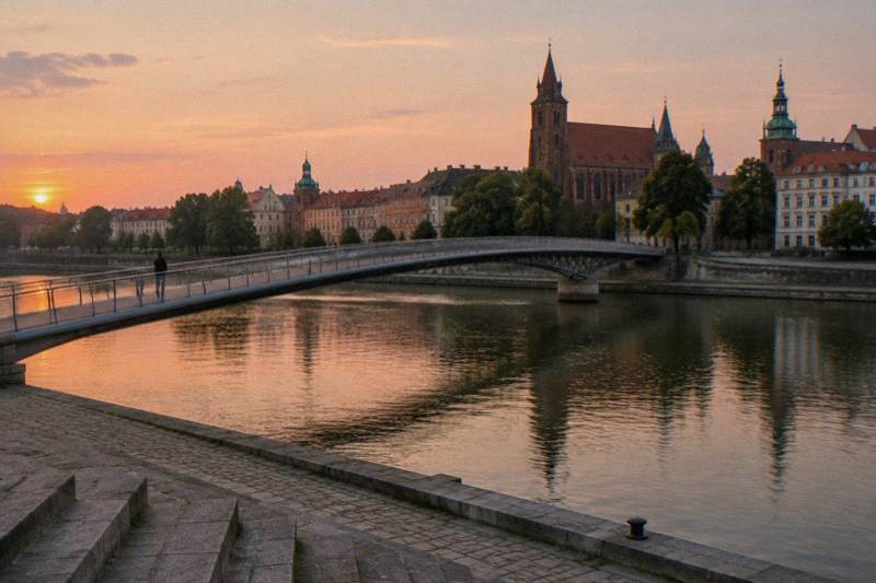 Warm summer dusk at the Vistula river in Krakow, Poland, a slender pedestrian footbridge crossing the water in a long low curve toward the Podgorze bank, calm river reflecting a peach sky, stone embankment steps in the foreground, one tiny distant figure from behind.