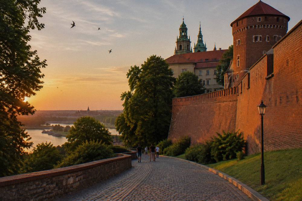 Cobbled ramp beside brick Wawel fortification walls at sunset, with distant visitors, trees, castle towers and the Vistula below.