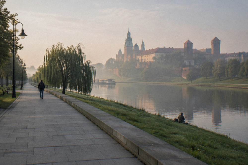 Misty Vistula riverside path with willows, a distant walker, an angler on the bank, and Wawel Castle across the water.