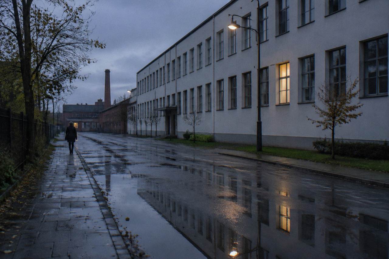 Wet dusk street beside a long white factory facade with lit windows, a lamppost, puddle reflections and a lone pedestrian.