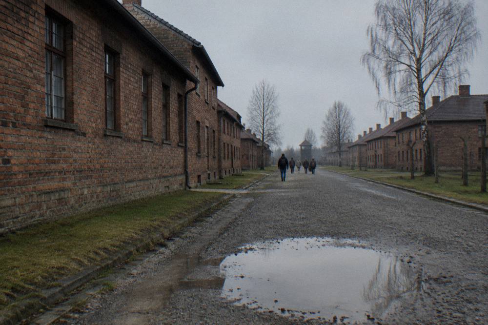 Rows of red brick barracks line a wet gravel path with a large puddle, bare trees, and distant visitors under a grey sky.
