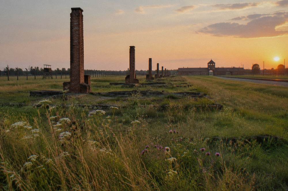 Brick chimneys stand in grassy rows at Auschwitz-Birkenau at sunset, with a guard tower and low buildings in the distance.
