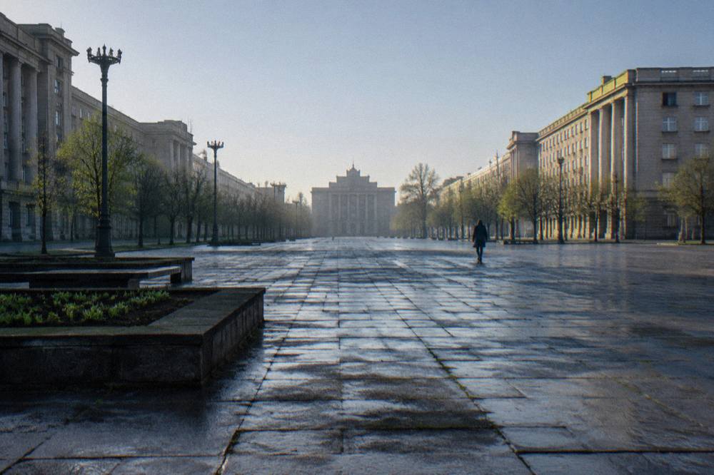A broad wet paved square is lined by symmetrical monumental apartment blocks and budding trees, with one distant person walking.