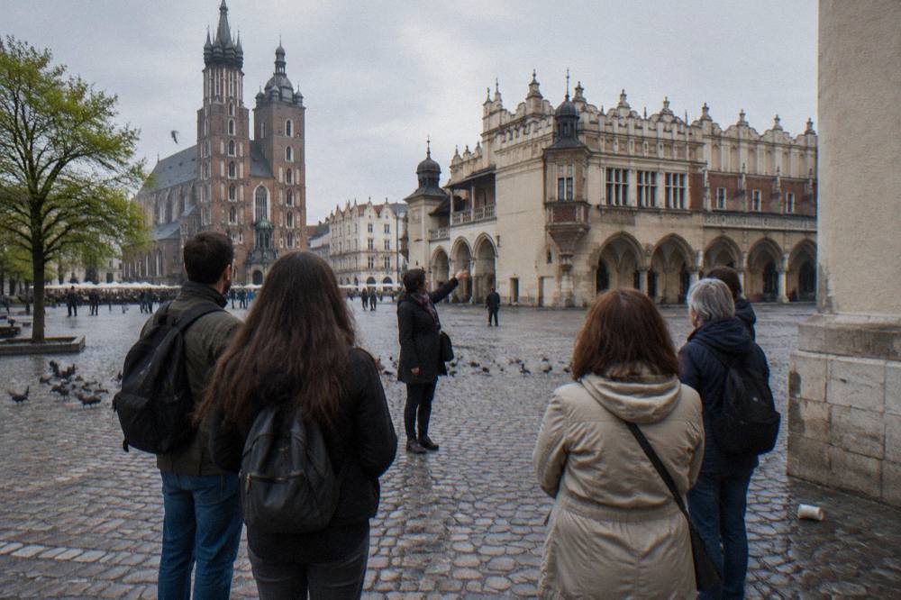 A guide gestures to a small group on wet cobbles beside the Cloth Hall and St Mary's Basilica in Krakow's main square.