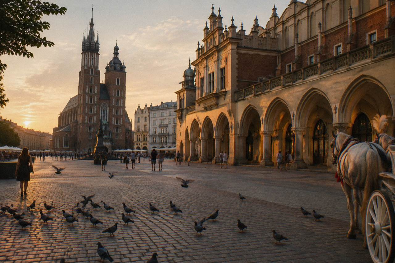 Golden hour view of Krakow's cobbled Main Market Square with St Mary's Basilica, Cloth Hall arcades, pigeons and a horse carriage.