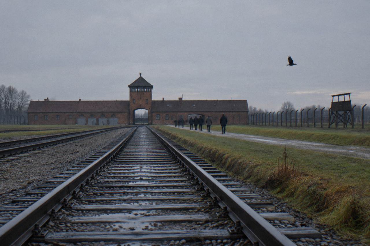 Wet railway tracks lead to the red brick Birkenau gatehouse under a grey sky, with fences, distant visitors and a crow.