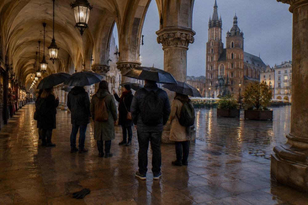 Visitors with umbrellas stand under the Cloth Hall arcades on a rainy dusk, with St Mary's Basilica across the wet market square.