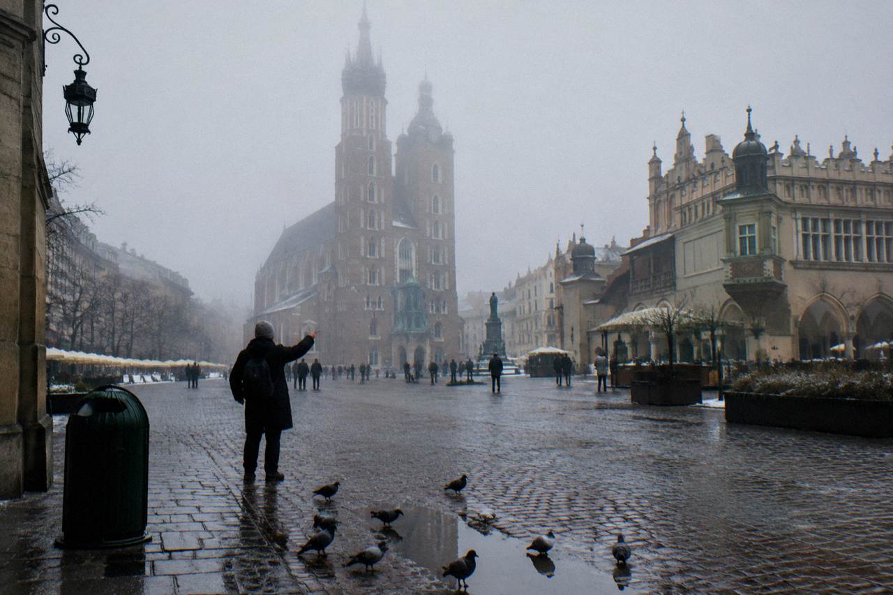 A person points across a foggy cobbled square toward St Mary's Basilica, with pigeons near puddles and the Cloth Hall at right.