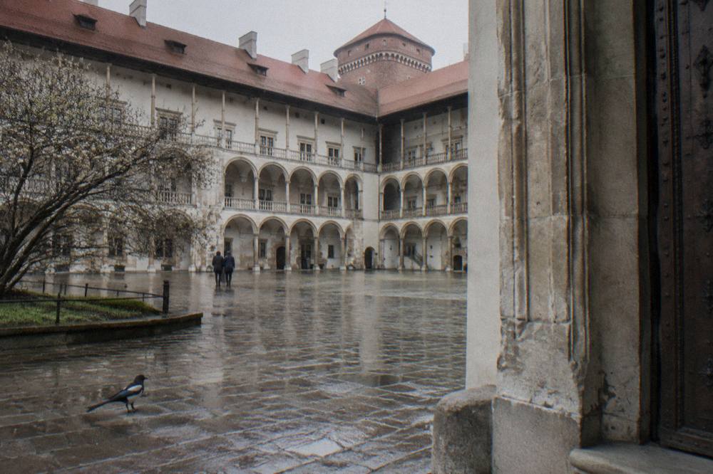 Wet stone courtyard with three levels of pale arcades, a brick tower, two distant people, and a magpie on the paving.