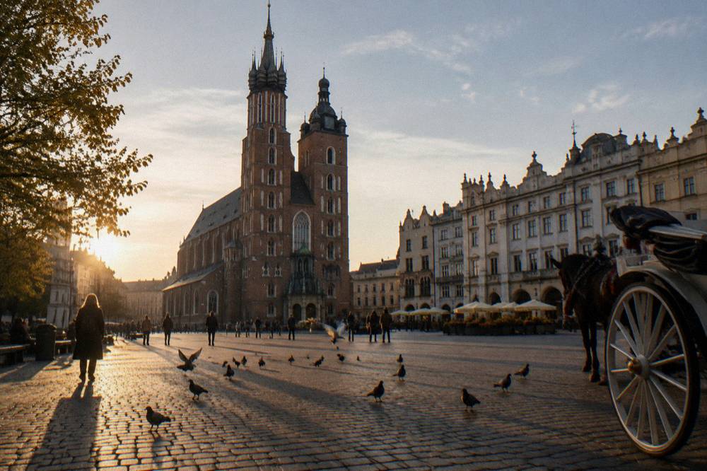 St Mary's Basilica rises over Krakow's cobbled Main Market Square with pigeons, pedestrians and a horse carriage in low sun.