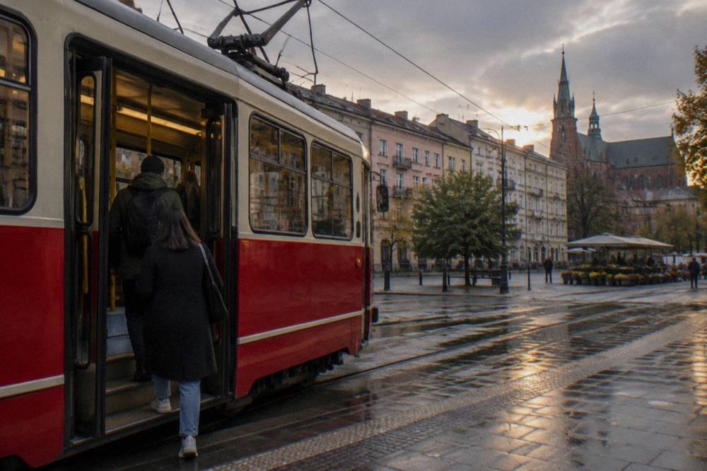 Red and cream tram with passengers boarding on a wet cobbled square beside pastel tenements and a brick church.