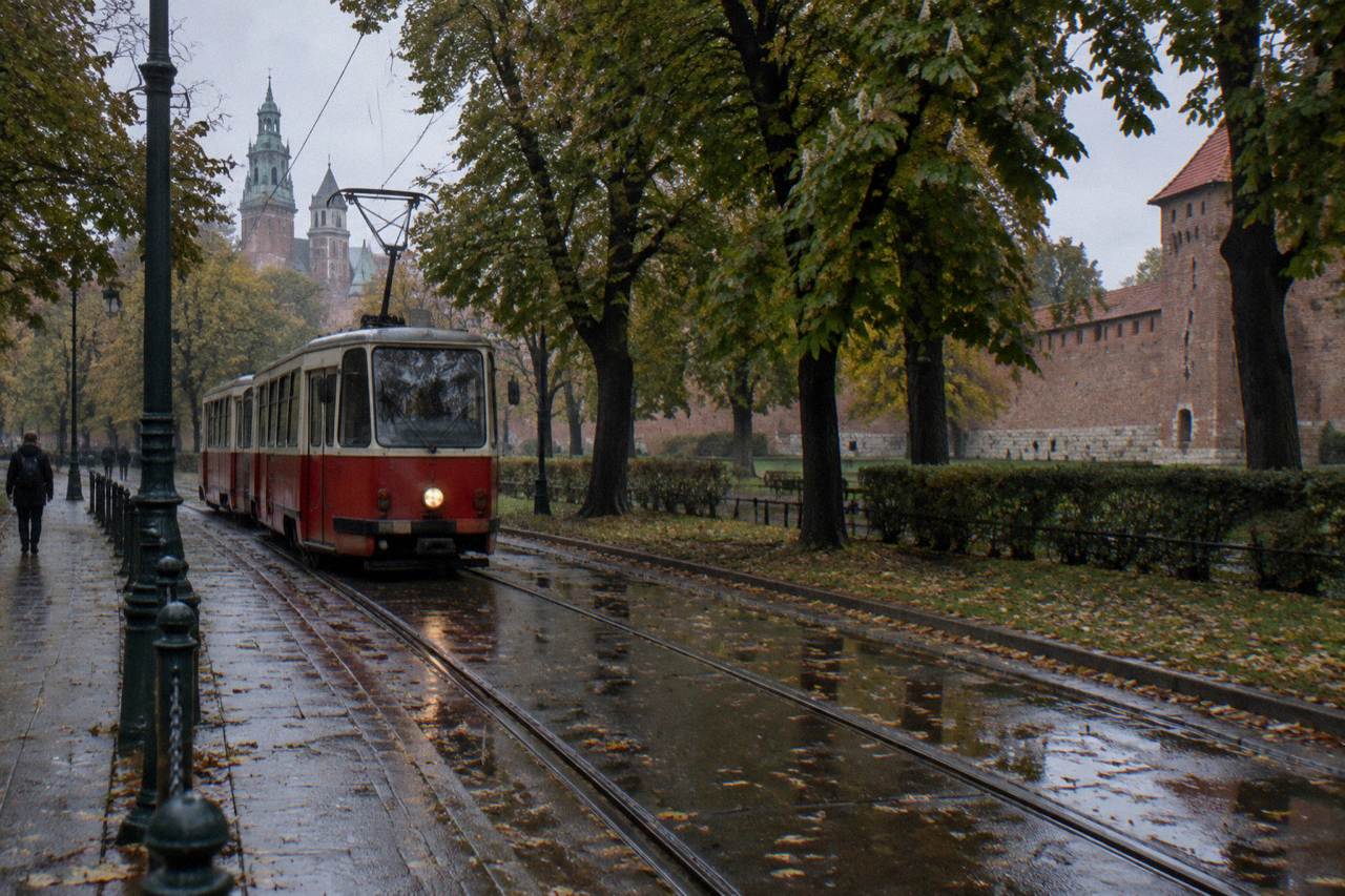 A red and cream tram travels along wet tracks beside trees, park railings and old brick walls in Krakow.