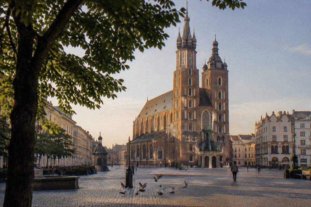 St Mary's Basilica rises over Krakow's cobbled Main Market Square with a tree canopy, pigeons and a few distant pedestrians.