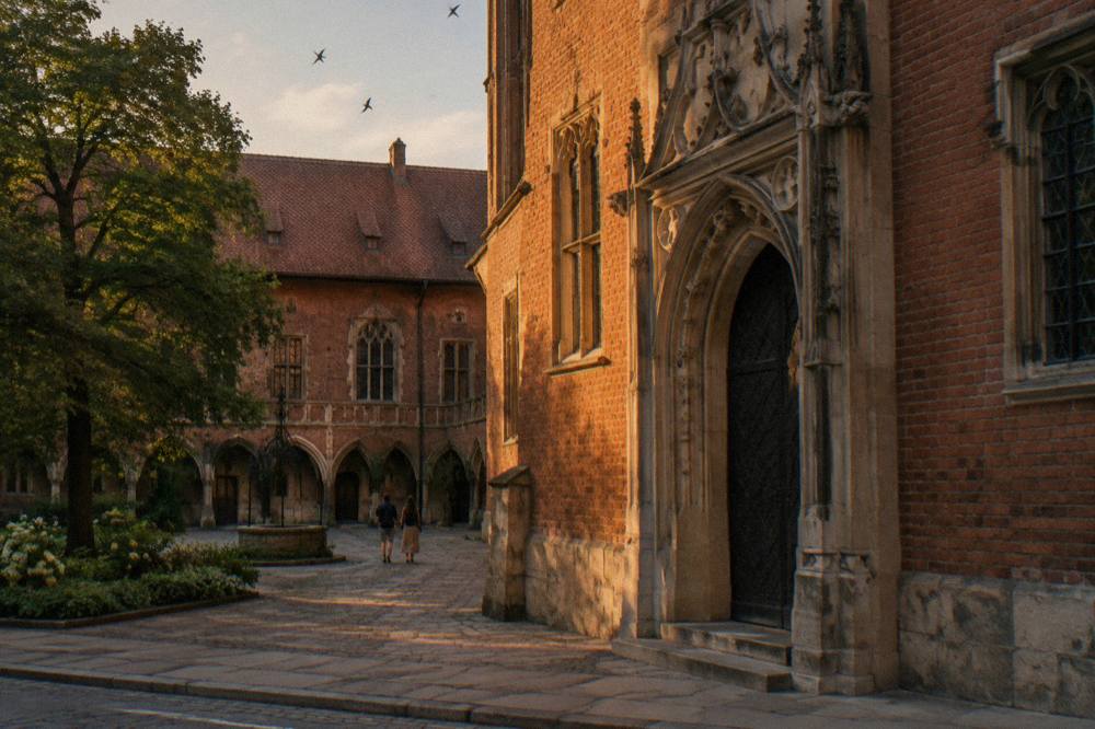 Gothic brick university courtyard with arched arcades, a stone portal, trees, a well, and two distant people in warm evening light.