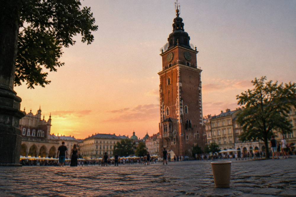 Town Hall Tower rises over Krakow Main Market Square at dusk with cobbles, distant people, trees, and a paper cup in the foreground.