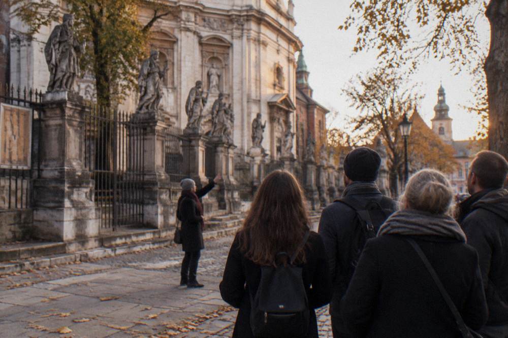 A guide gestures toward Baroque church statues while a small group listens on a leaf-strewn Krakow street.