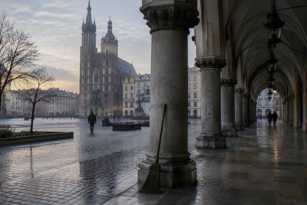 Wet cobbles reflect dawn light under the Cloth Hall arcades, with a broom by a column and St Mary's Basilica across the square.