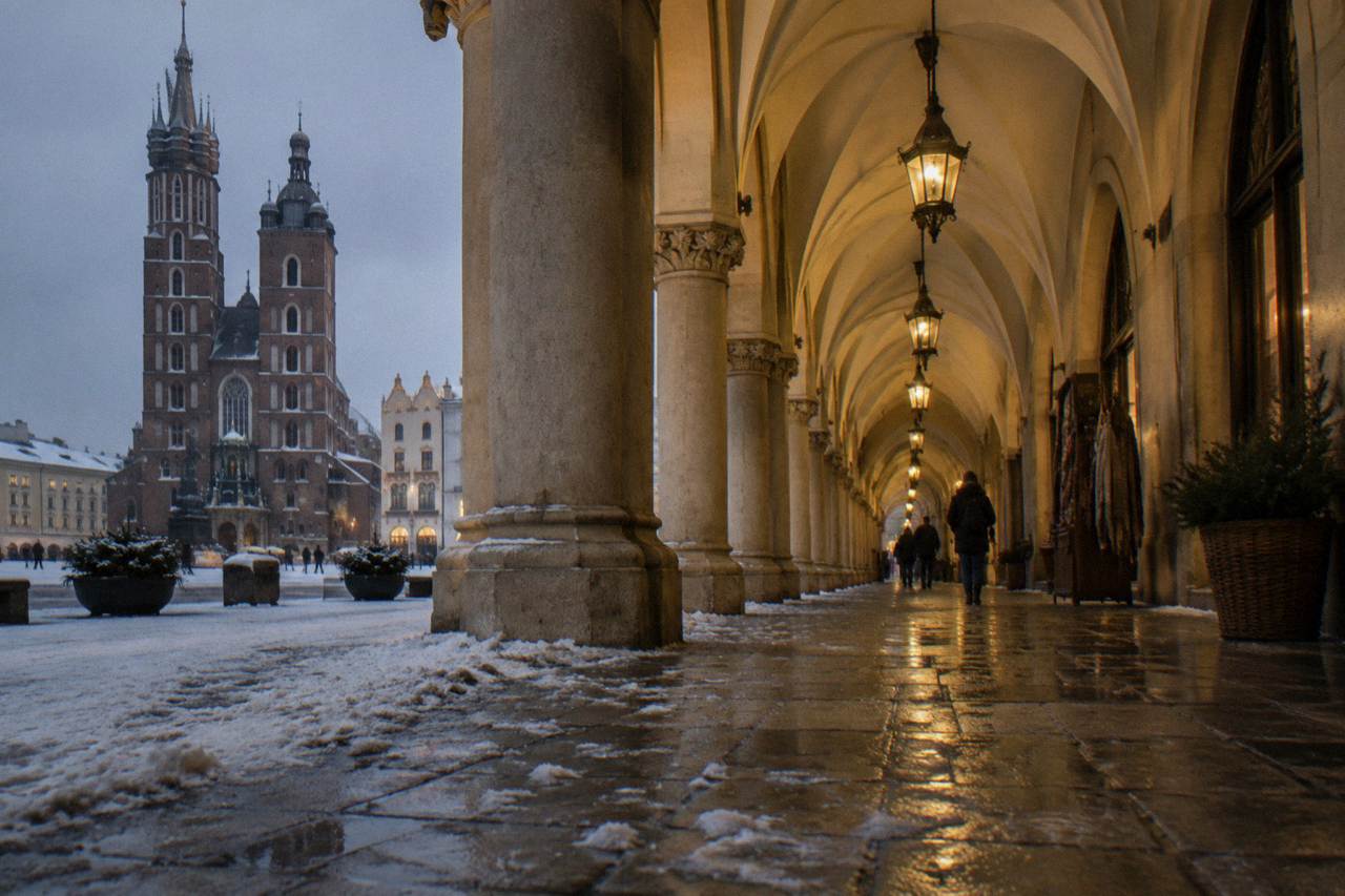Snowy dusk view along the Cloth Hall arcades with warm lamps, wet paving stones, distant pedestrians and St Mary's Basilica across the square.
