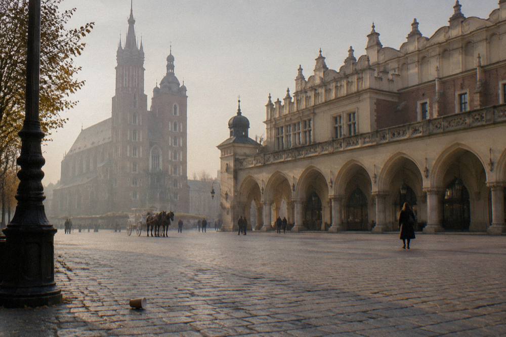 Cobbled market square with Cloth Hall arcades, St Mary's Basilica towers, distant people, a horse carriage and a paper cup in hazy light.