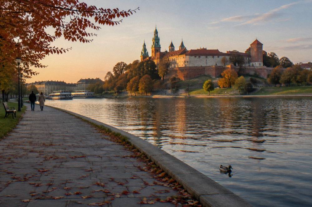 Wawel Hill rises above the Vistula at sunset, with two walkers on the riverside path, autumn leaves, and ducks on the water.