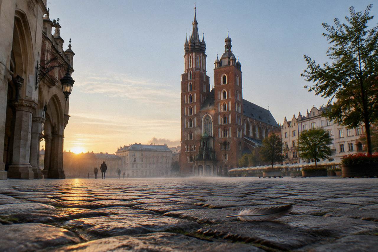 Low cobbled market square at sunrise with St Mary's Basilica towers, arcaded buildings, mist, distant pedestrians and a feather.