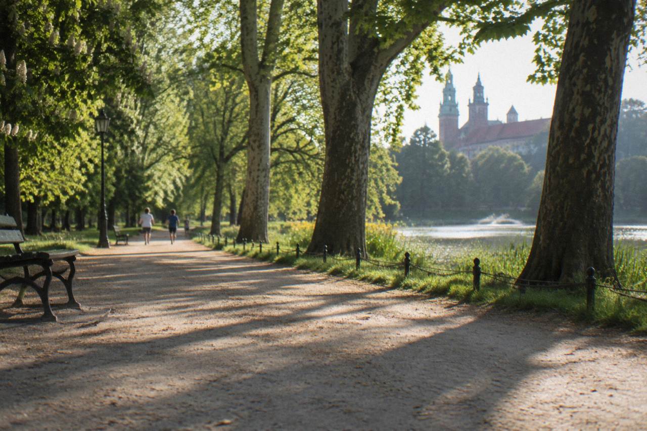 A wide gravel park path runs beside tall trees and a pond, with benches, distant walkers, and a church silhouette beyond the water.