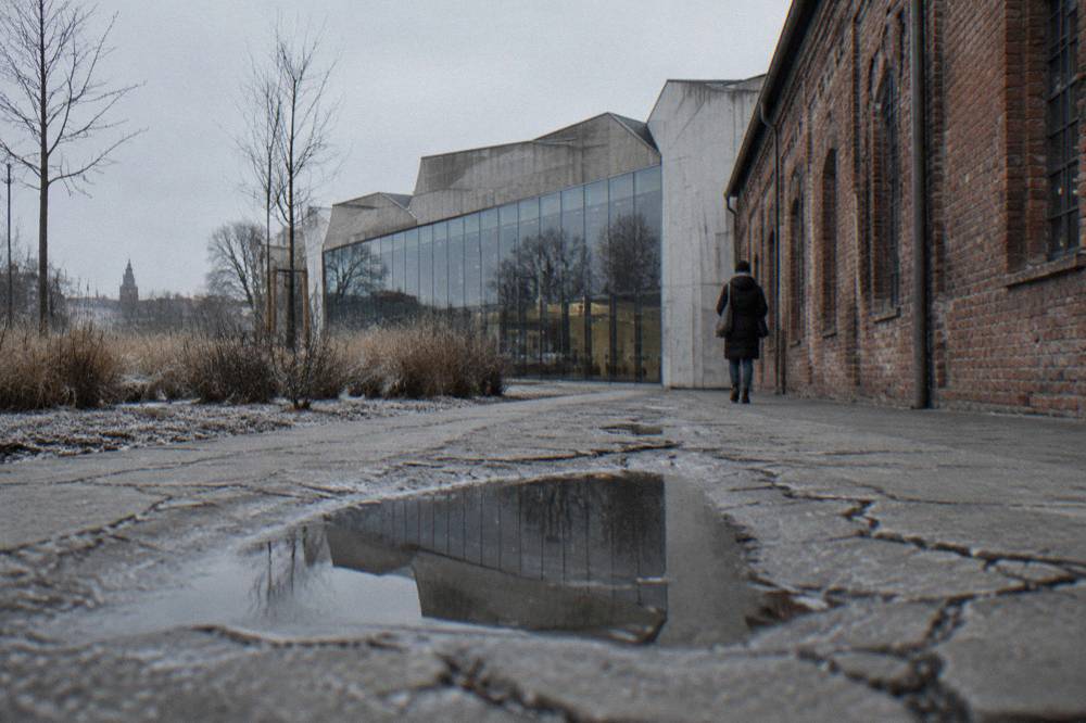 Low view of cracked winter paving with a puddle, brick factory wall, modern glass museum facade and a passer-by walking away.