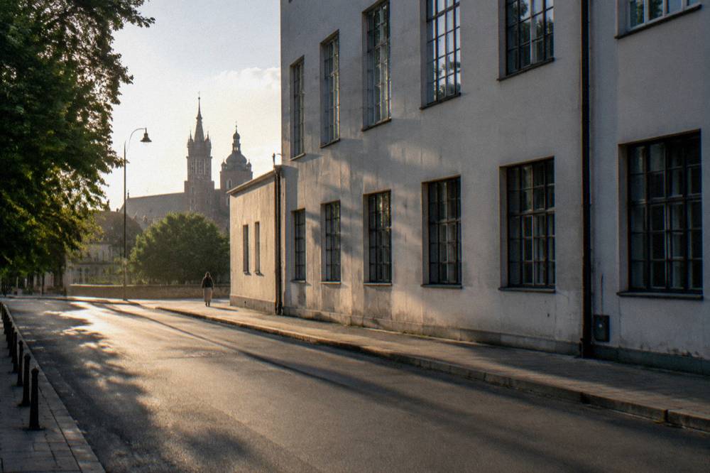 Quiet Krakow street beside a plain white building, with long shadows, trees, a distant pedestrian and church towers beyond.