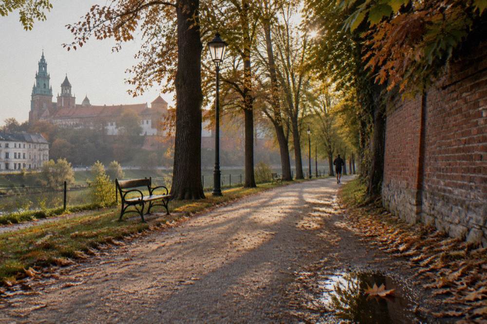 A tree-lined gravel path with benches follows a brick wall beside the Vistula, with Wawel Castle in the distance.