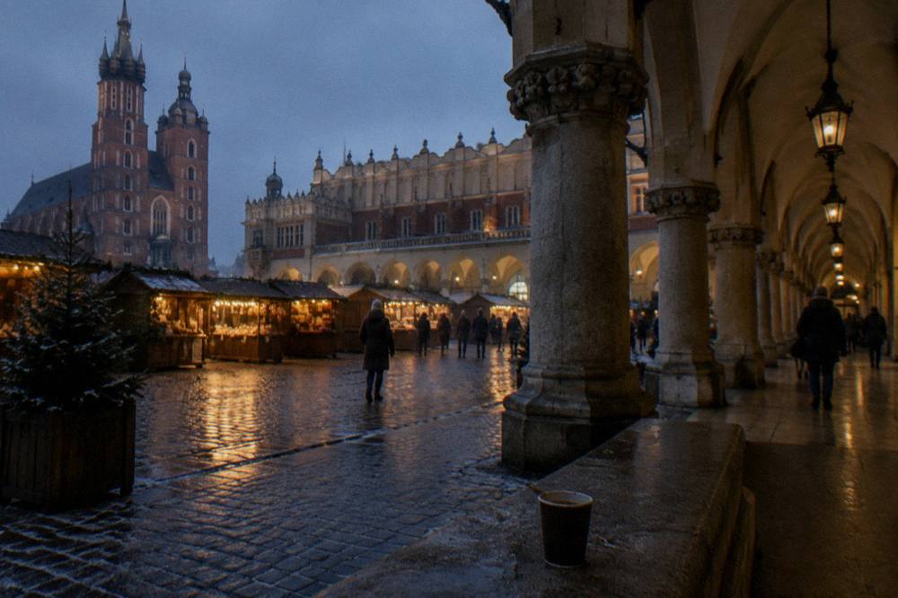Evening market stalls glow beside the Cloth Hall arcades on Krakow's cobbled Main Market Square, with St Mary's Basilica in the background.
