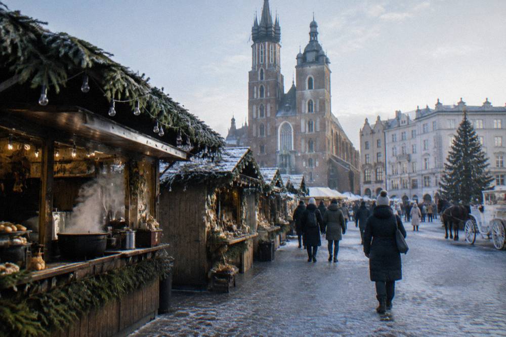 Snowy Christmas market stalls line Krakow's Main Market Square with St Mary's Basilica and winter pedestrians in the background.