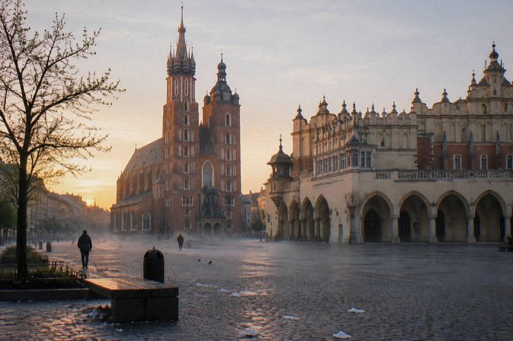 St Mary's Basilica and the Cloth Hall stand beside misty cobbles at sunrise in Krakow's Main Market Square.