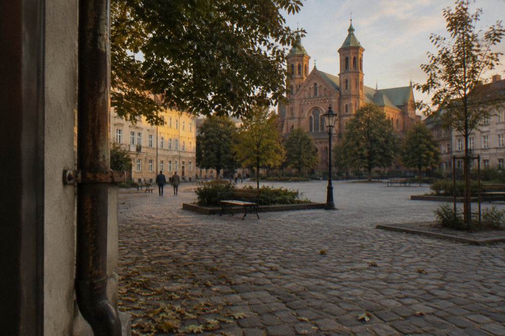 Plaza empedrada con árboles, bancos y una iglesia de ladrillo con dos torres bajo una luz cálida del atardecer.