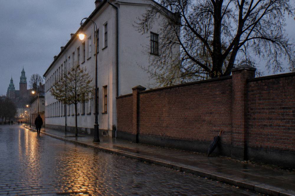 Calle empedrada mojada junto a un largo edificio blanco de fábrica y un muro de ladrillo al anochecer, con farolas, árboles sin hojas, un peatón solitario y un paraguas.