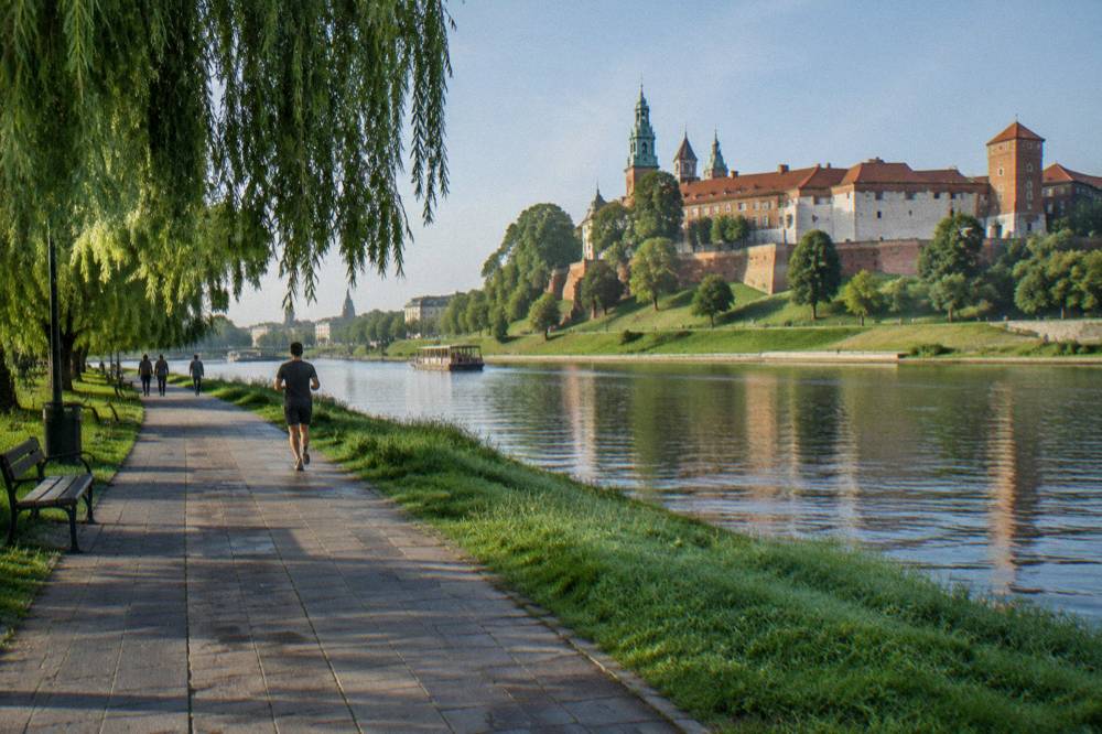 Un corredor y otros paseantes avanzan por el paseo fluvial del Vístula con el castillo de Wawel al otro lado del río.