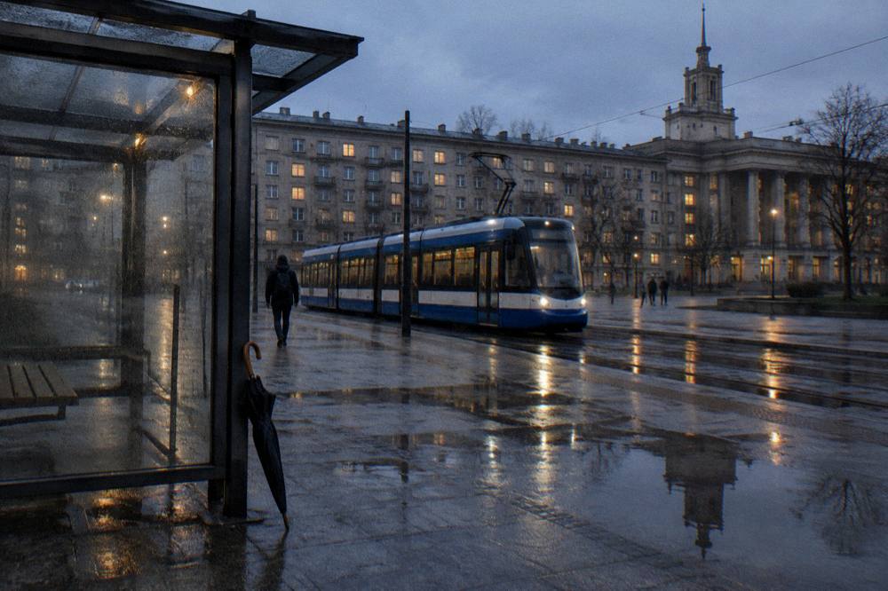 Un tranvía azul espera junto a una parada bajo la lluvia, con una sombrilla, adoquines mojados, bloques de apartamentos y ventanas iluminadas al anochecer.