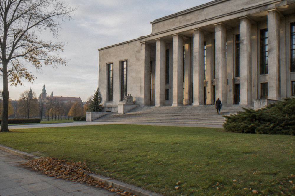 Modernist stone museum facade with tall columns, steps, lawn, leaf pile, bare trees, and one distant visitor.