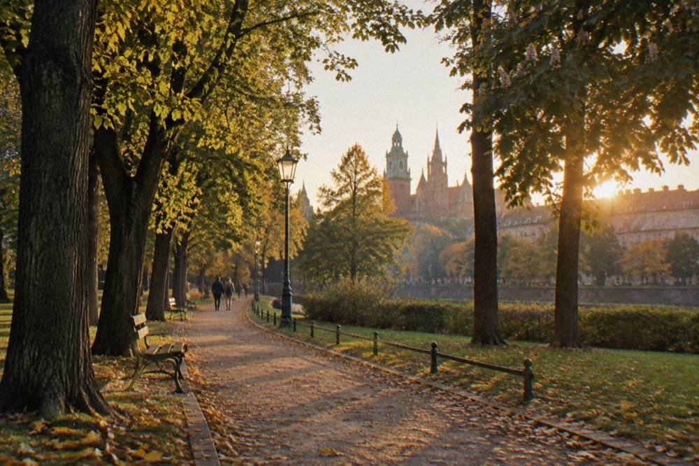 Tree-lined park path with benches, fallen leaves, distant walkers and church spires in warm late-afternoon light.