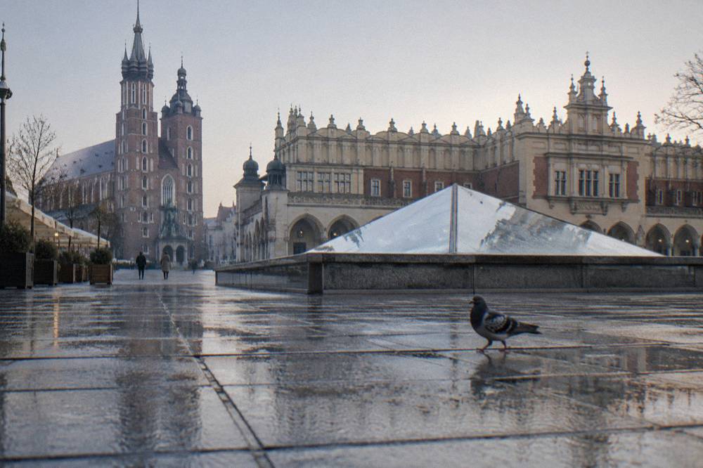 Adoquines mojados en la Plaza del Mercado de Cracovia con una paloma, el pabellón de cristal del Rynek Subterráneo, la Sala de Comercio y la basílica de Santa María al fondo.