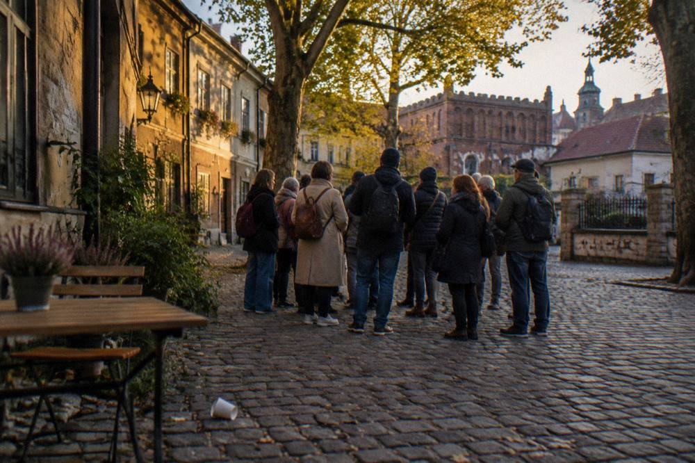 Un grupo pequeño en una calle empedrada bajo árboles otoñales, con edificios bajos antiguos y una sinagoga de ladrillo en una luz cálida de atardecer.