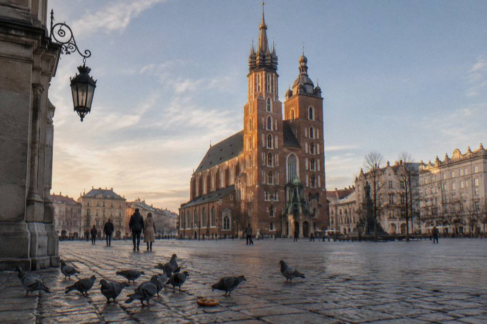 La basílica de Santa María se eleva sobre la Plaza del Mercado empedrada de Cracovia, con palomas picoteando cerca de un pretzel en primer plano.