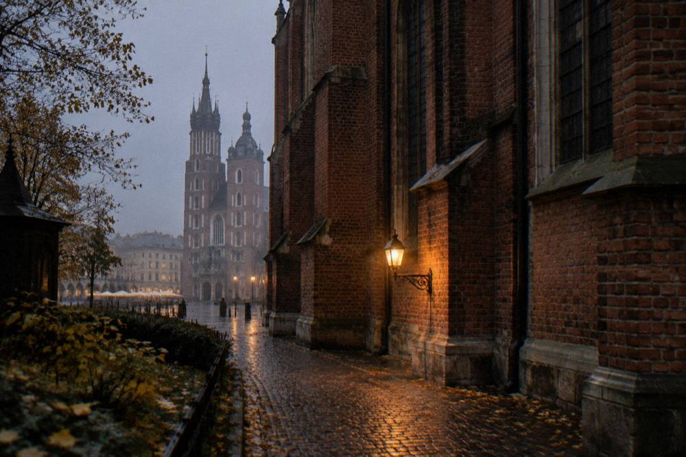 Calle empedrada mojada junto a una iglesia gótica de ladrillo rojo con una lámpara encendida en la pared y las torres de Santa María al fondo entre la niebla.