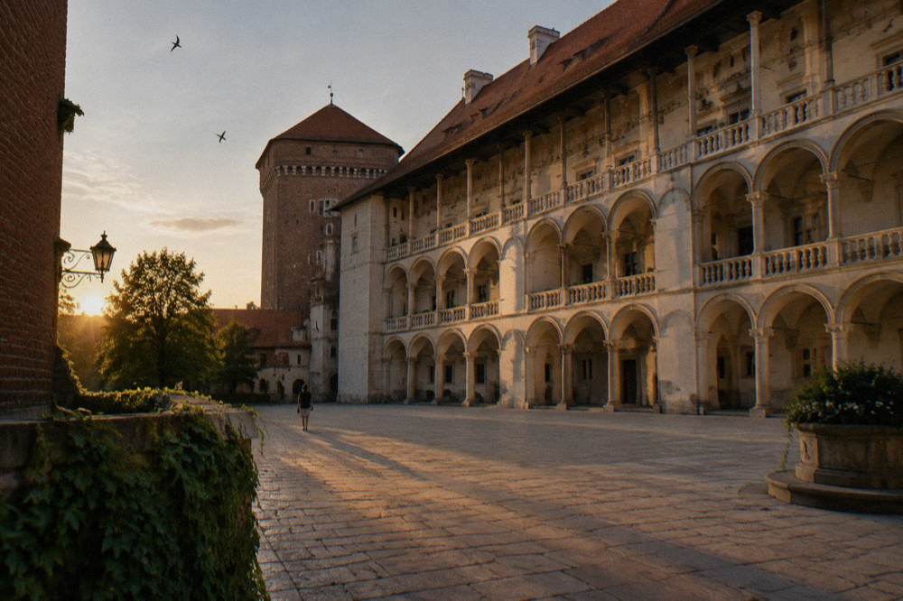 Golden evening light falls across Wawel Castle's arcaded courtyard with a tower, flagstones, birds, and one distant person.