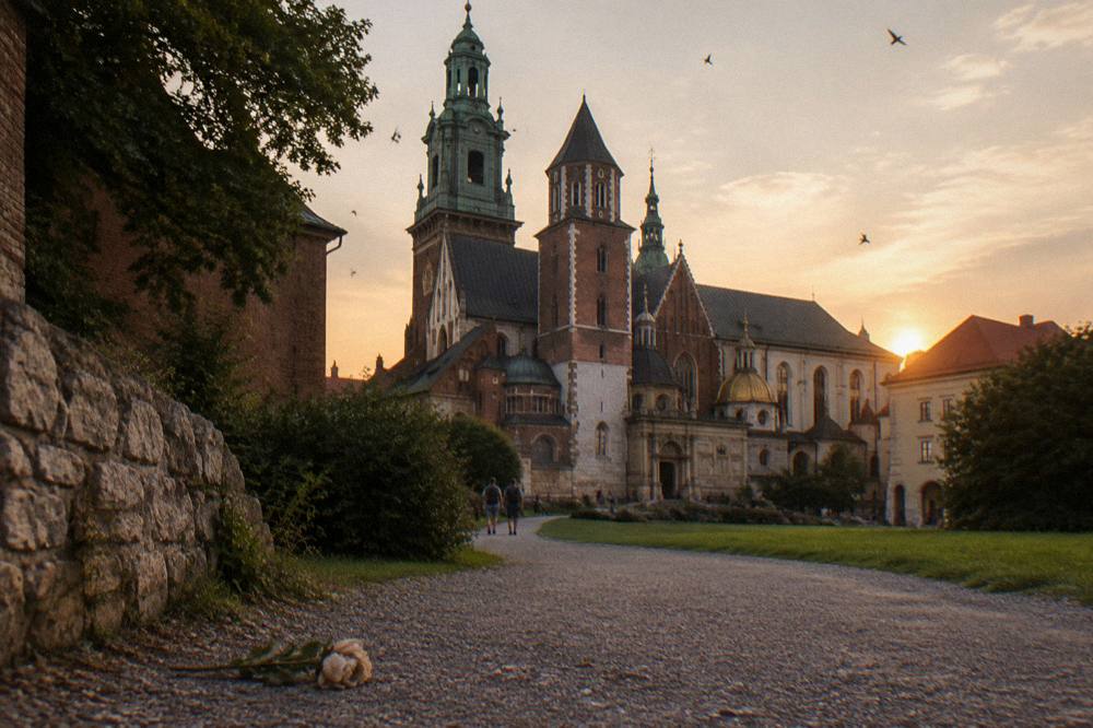 Wawel Cathedral towers rise beyond a gravel path and stone wall at sunset, with birds in the sky and a wilted flower on the ground.